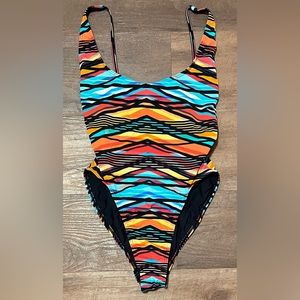 Kikirio ultra high cut one piece swimsuit multi color orange black blue large